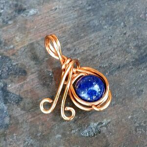 Lapis Lazuli Crystal Beaded Charm Pendant, Wire Wrapped, Copper, 8mm